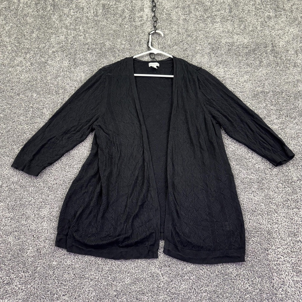Croft&Barrow Sweater Cardigan Womens 1X Black Open Knit 3/4 Sleeve Plus Casual